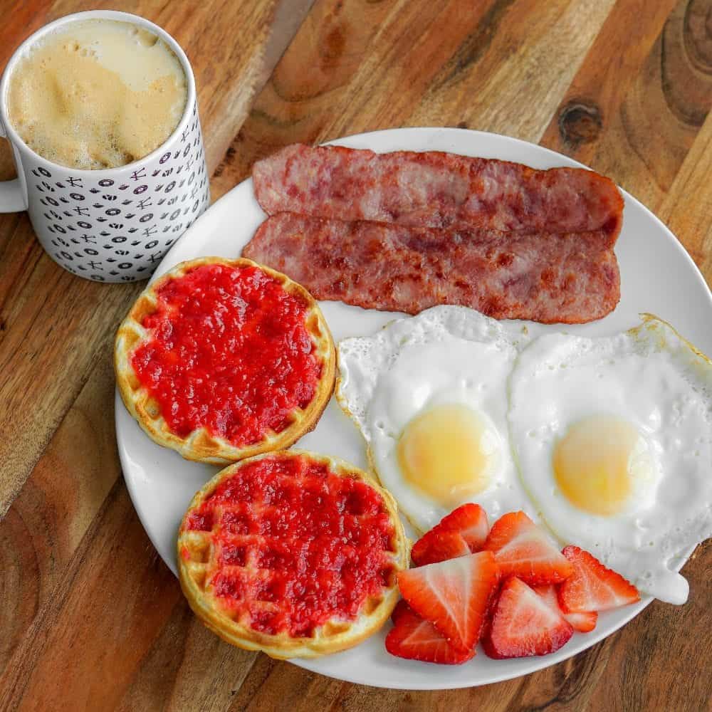 Turkey Bacon, Eggs and Waffles with Strawberry Jam (1)
