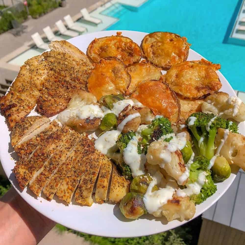 Juicy Chicken Breast, Cheesy Potato Skins and Roasted Veggies