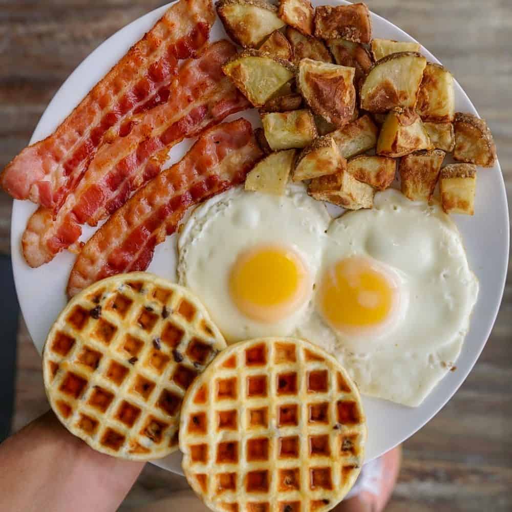 Bacon, Egg, Potatoes and Chocolate Chips Waffles Breakfast