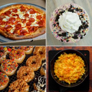 Pizza Frosty Donut and Mac and Cheese Collage