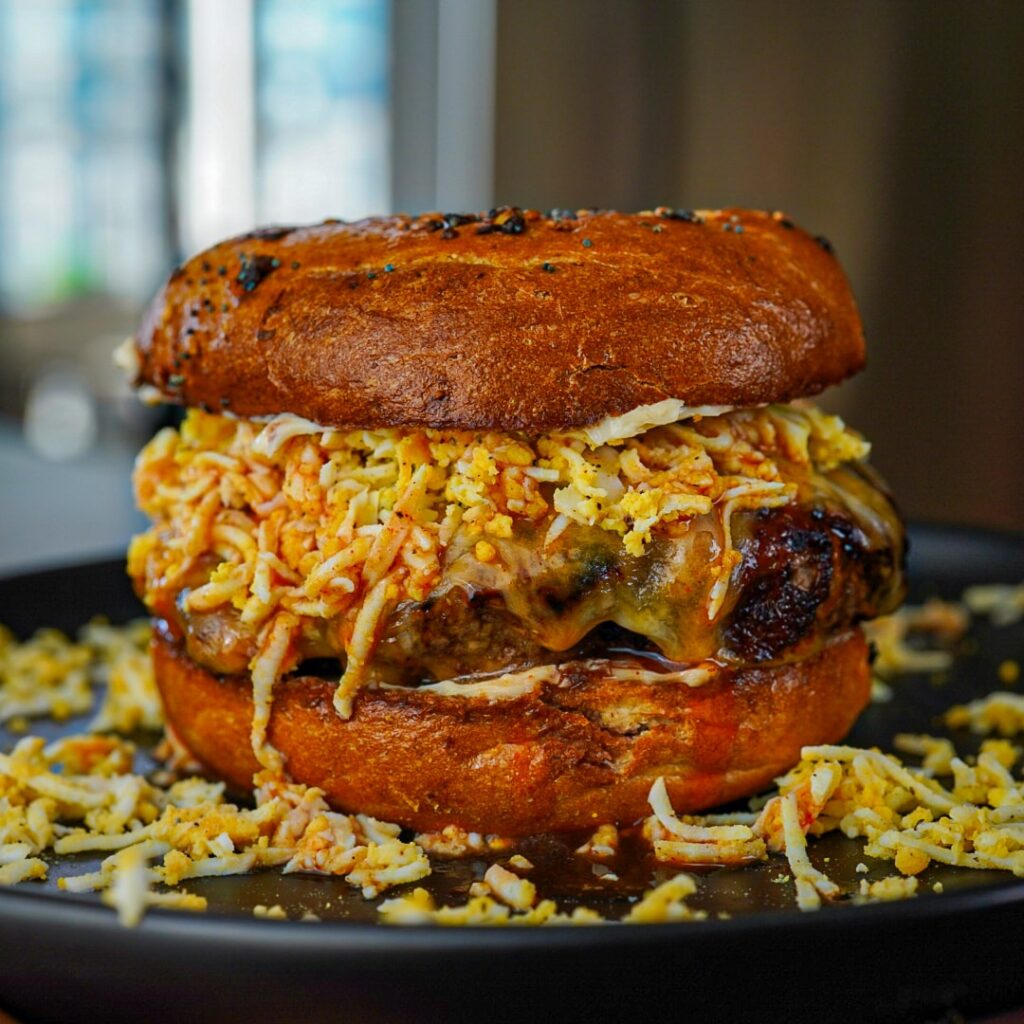 Maple Buffalo Grated Egg Breakfast Burger