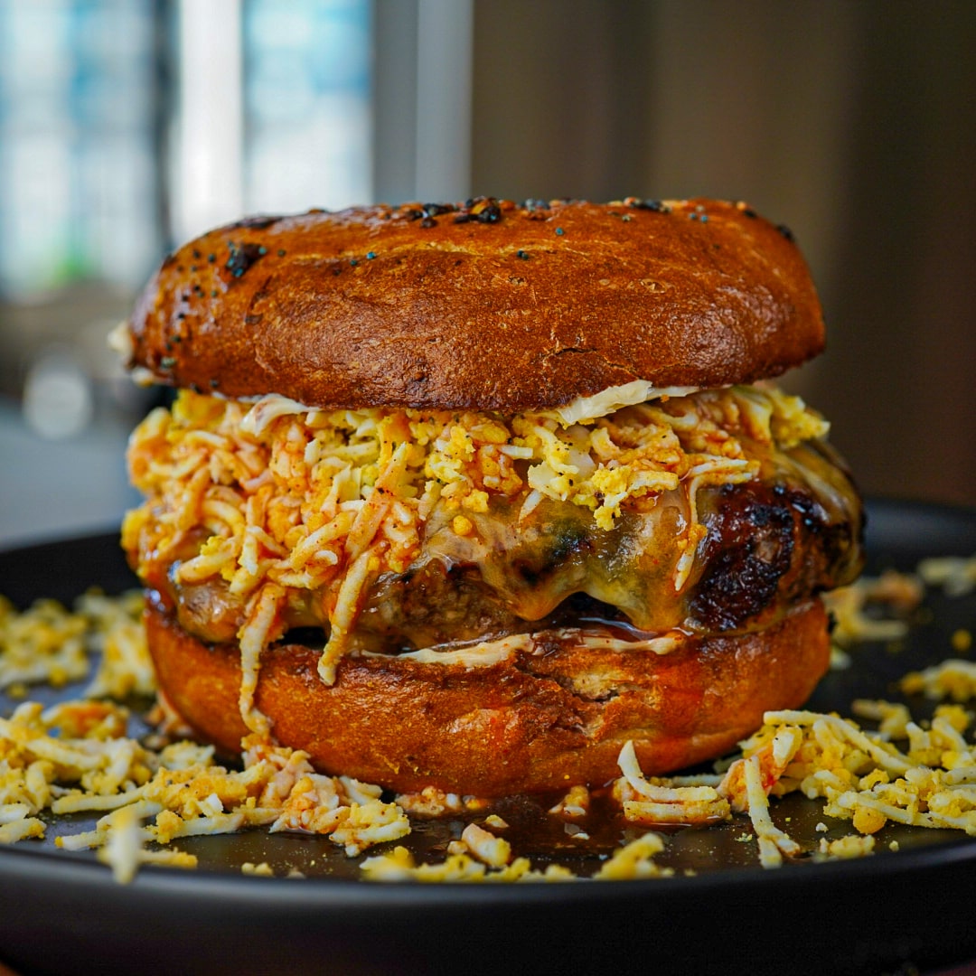 Maple Buffalo Grated Egg Breakfast Burger