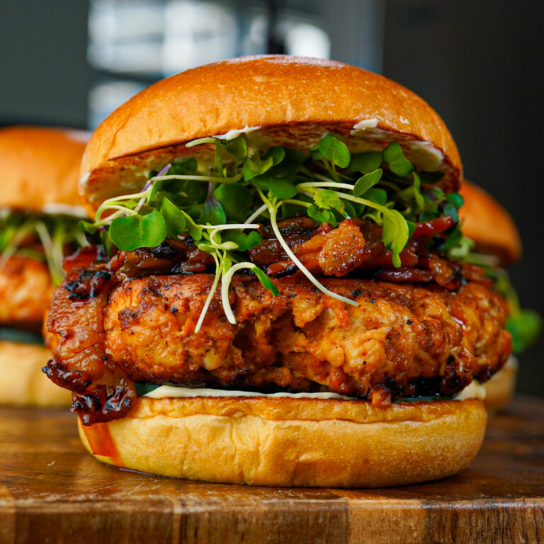 Gochujang Chicken Burgers with Kimchi Bacon